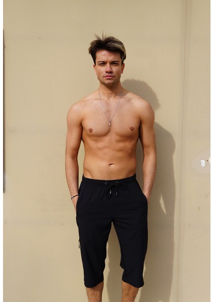 Erkek Siyah Düz Renk Üç Yan Cepli Esnek Kumaş Hızlı Kuruyan Kapri Mayo Deniz Şortu fırsatları