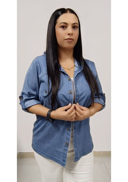 Büyük Beden Ince Kot Denim Kumaş Kapşonlu Katlanabilir Kollu Iki Cepli Jean Ceket Gömlek