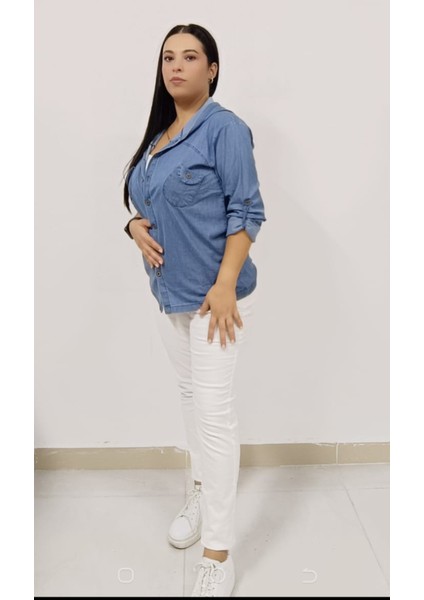 Büyük Beden Ince Kot Denim Kumaş Kapşonlu Katlanabilir Kollu Iki Cepli Jean Ceket Gömlek modelleri