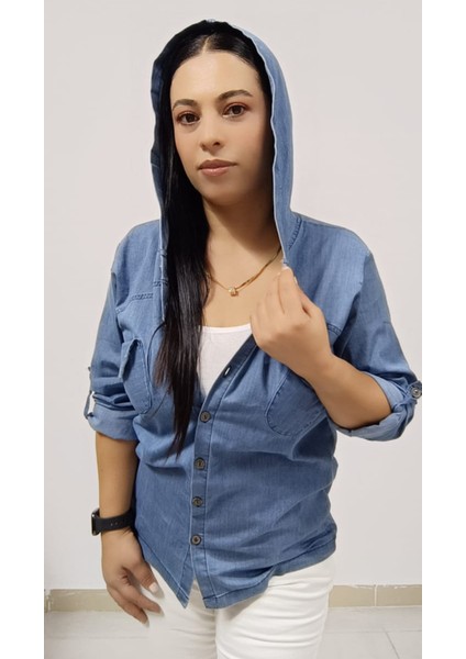 Büyük Beden Ince Kot Denim Kumaş Kapşonlu Katlanabilir Kollu Iki Cepli Jean Ceket Gömlek fırsatları