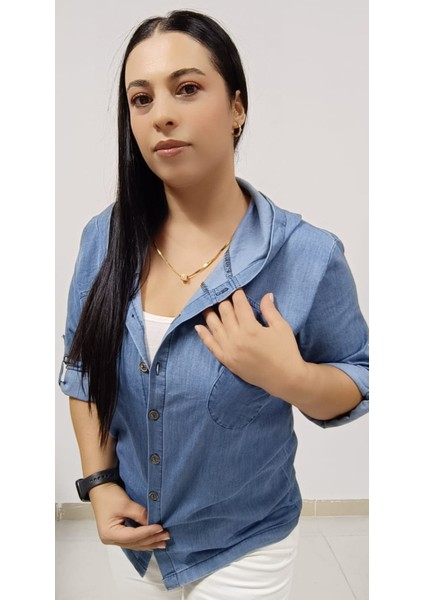 Büyük Beden Ince Kot Denim Kumaş Kapşonlu Katlanabilir Kollu Iki Cepli Jean Ceket Gömlek indirimleri