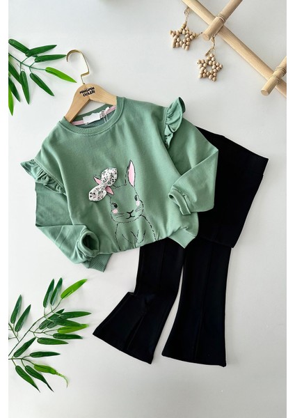 Tavşan Desenli Ispanyol Taytlı Kız Çocuk 2 li takım - Yeşil