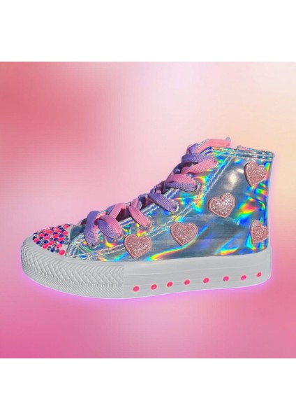 Hologram Pembe Işıltılı Kalpler ve Taşlar Tasarım Çocuk Spor Ayakkabı Sneaker