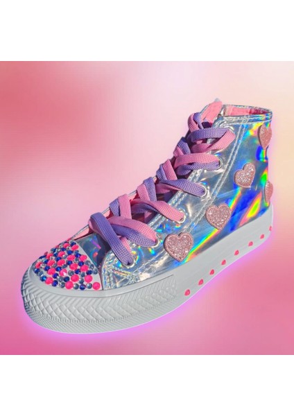 Hologram Pembe Işıltılı Kalpler ve Taşlar Tasarım Çocuk Spor Ayakkabı Sneaker