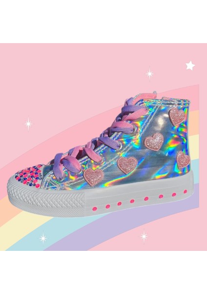 Hologram Pembe Işıltılı Kalpler ve Taşlar Tasarım Çocuk Spor Ayakkabı Sneaker