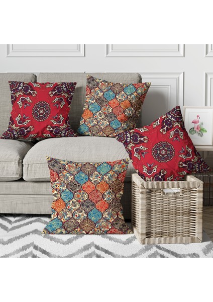 Kırmızı Çiçek Etnik Desenli Dijital Baskılı Kırlent Kılıfı