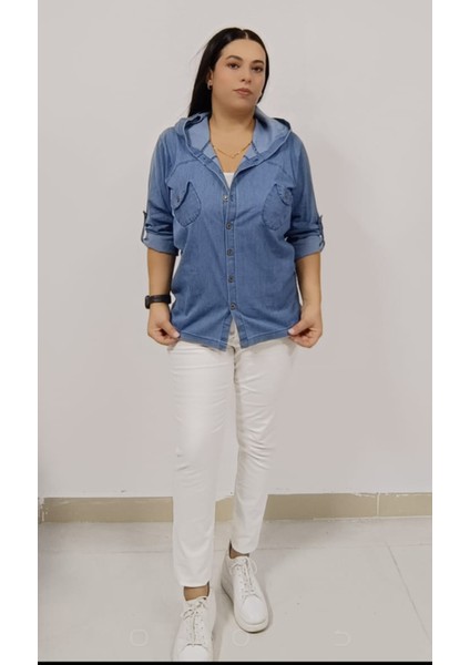 Büyük Beden Ince Kot Denim Kumaş Kapşonlu Katlanabilir Kollu Iki Cepli Jean Ceket Gömlek modelleri