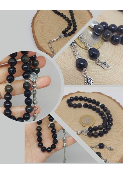 Golden & Siyah Obsidyen Taşı 33LÜK Tesbih 8mm (1250)