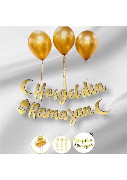 Hoşgeldin Ramazan Kaligrafi Yazı 3 Gold Metalik Balon Gold Balon Ipi