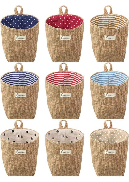 9 Parça Mini Duvara Asılı Saklama Torbaları Pamuk Keten Katlanabilir Depolama Sepeti Kutusu Dekoratif Asılı Çanta (Yurt Dışından)