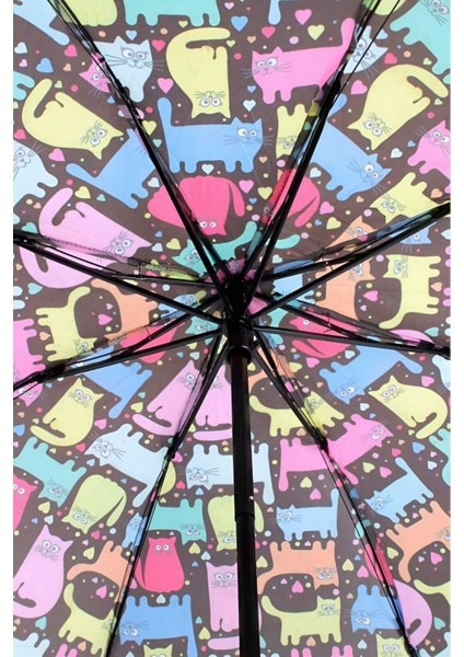 Kedi Desenli Canlı Lüx Renkli Baskılı Rüzgara Dayanıklı 8 Telli Katlanabilir Manuel Şemsiye modelleri