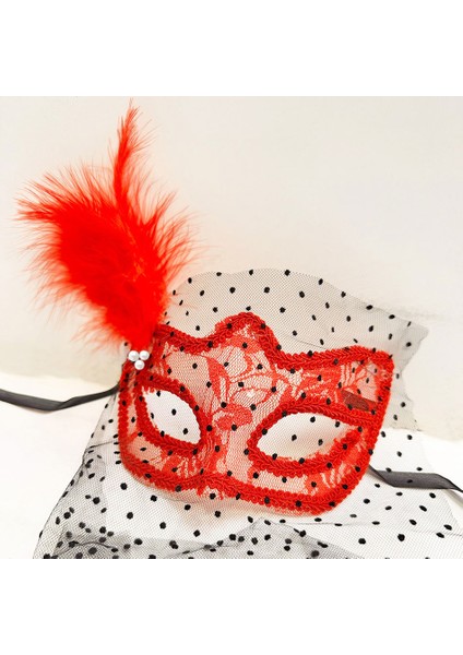 Kırmızı Renk Dantelli Duvaklı Parti Maskesi Balo Tdrtr