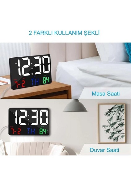 Yenilz Dijital Duvar Saati Renkli Hd LED Ekran 25X16 cm Tarih Gün Sıcaklık Alarm USB Dekoratif Uzaktan Kumandalı