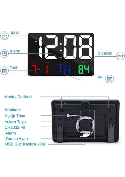 Yenilz Dijital Duvar Saati Renkli Hd LED Ekran 25X16 cm Tarih Gün Sıcaklık Alarm USB Dekoratif Uzaktan Kumandalı fiyatları
