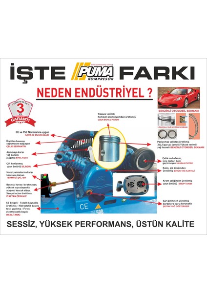 200 Lt Hava Kompresörü 3 Hp 2 Piston Döküm Kafa Yağlı