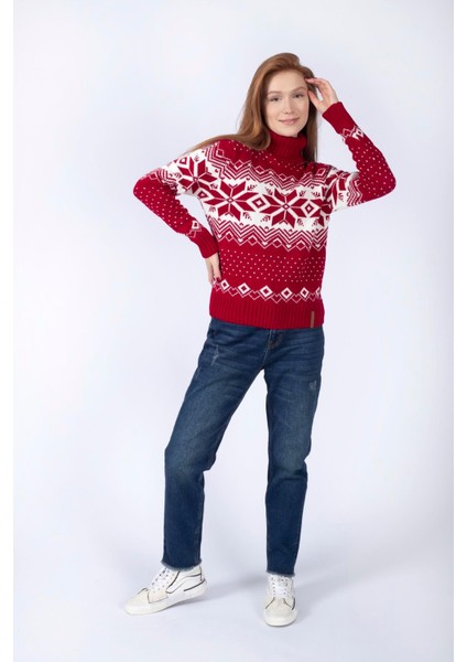 Balıkçı Yaka Oversize Beyaz - Kırmızı Kazak Kadın 241 Lcf 261001 Snow Kırmızı-Beyaz