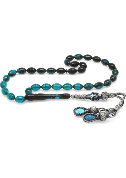 1000 Ayar Gümüş Kazaz Püsküllü Arpa Kesim Süzme Turkuaz Ateş Kehribar Tesbih