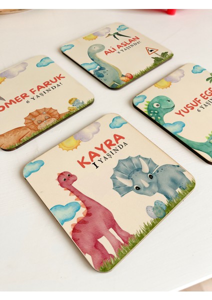 Bebek Hediyeliği, Baby Shower, Kişiye Özel Dinozor Temalı Ahşap Bardak Altlığı - Doğum Günü ve Özel Günler Için