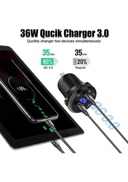2x Çadır Tipi Panel Iki Delikli, Hızlı Şarj 3.0 Çift USB Araç Şarj Cihazı + 12V/24V Soket Araba Motosiklet Tekne Deniz Atv Rv Için (Yurt Dışından)