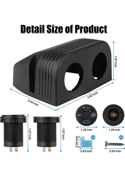 2x Çadır Tipi Panel Iki Delikli, Hızlı Şarj 3.0 Çift USB Araç Şarj Cihazı + 12V/24V Soket Araba Motosiklet Tekne Deniz Atv Rv Için (Yurt Dışından)