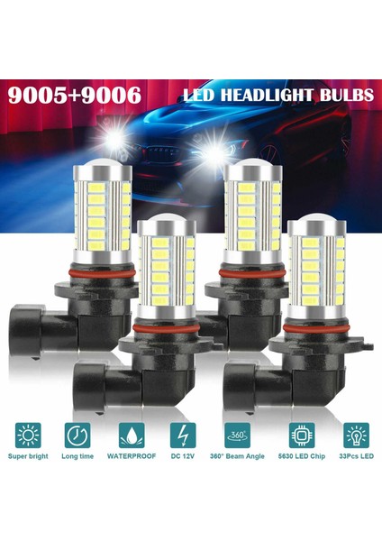 4x 9005 9006 LED Far Ampulleri Yüksek Düşük Huzmeli Kit Hb3 Hb4 6500K Süper Beyaz (Yurt Dışından)