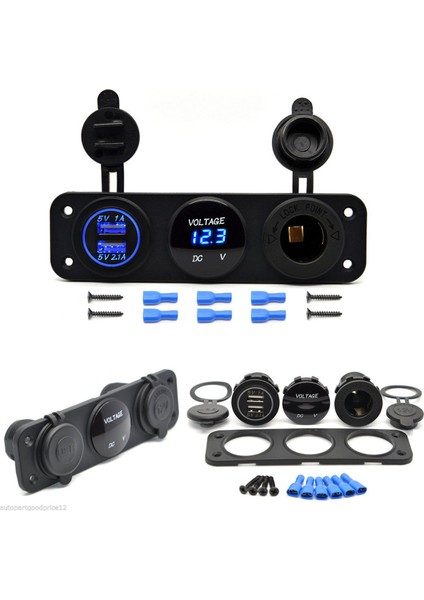 3x 12V Çift Bağlantı Noktalı USB Şarj Soketi Araba Tekne Mavi LED Voltmetre 3 Delikli Panel Çıkışı (Yurt Dışından)