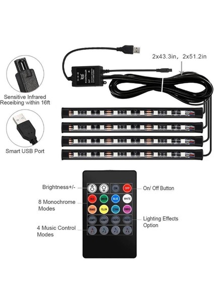 8x DC12V 9 LED Rgb Araç Iç Atmosfer Ayak Bölmesi Şerit Işığı (Yurt Dışından)