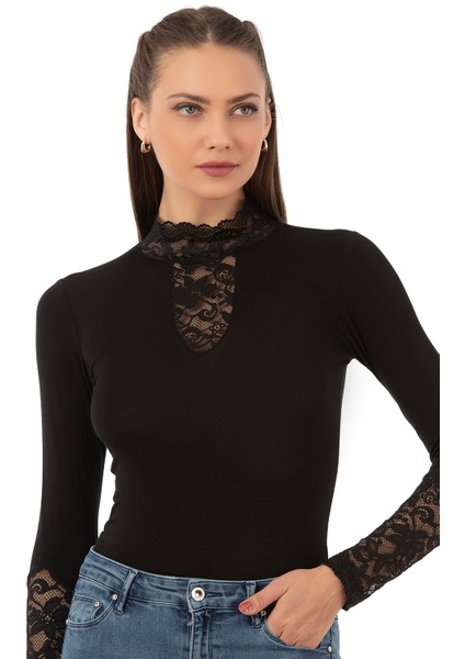 Özkan 26860 Kadın Viskon Esnek Yumuşak Yakası ve Kolları Dantel Detaylı Dik Yaka Uzun Kollu Kancalı Çıtçıtlı Örme Body modelleri