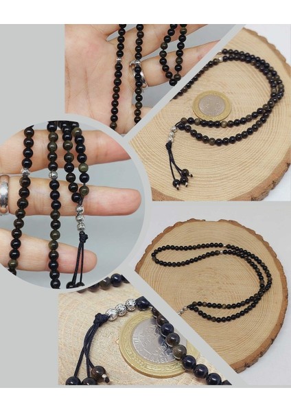Golden & Siyah Obsidyen Taşı 99LUK Tesbih 4mm (24290)