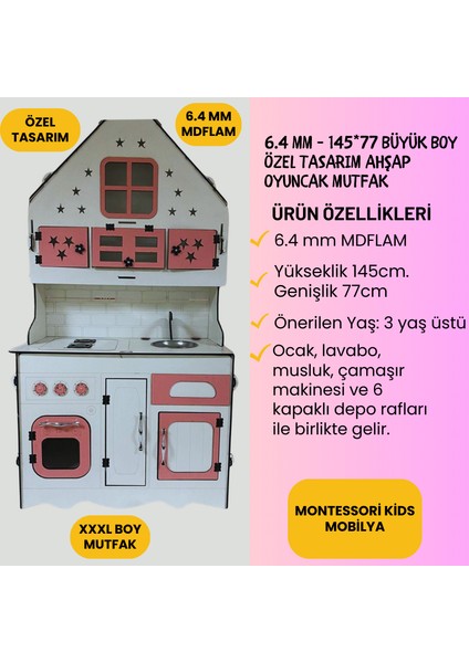Özel Tasarım Büyük Boy Ahşap Oyuncak Mutfak Pembe-Beyaz