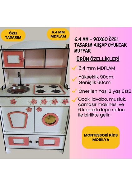 Dekoratif Doğal Ahşap Eğitici Kız Çocuk Mutfak Seti Pembe-Beyaz 91x59