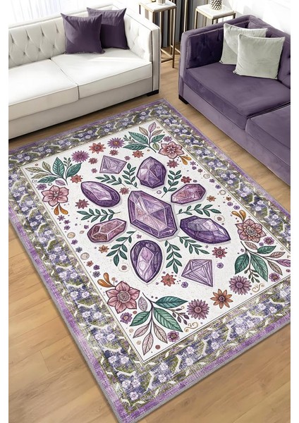 Ametist Taşı Halısı Mor Renkli Enerji Taşı Figürlü Halı Spiritüel Temalı Modern Halı
