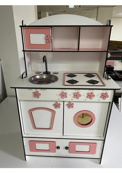 Dekoratif Doğal Ahşap Eğitici Kız Çocuk Mutfak Seti Pembe-Beyaz 91x59 modelleri
