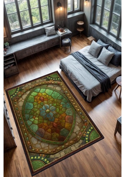 Ammolite Taşı Halısı Yeşil Renk Enerji Taşı Figürlü Halı Spiritüel Temalı Modern Halı