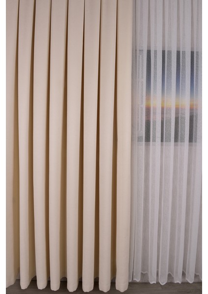 Ekru Düz Ada Fon Perde V-12489 Tek Kanat 1x3 Sık Pile