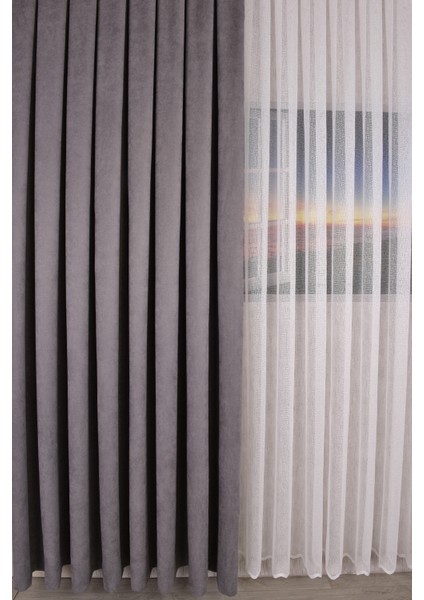 Gri Düz Ada Fon Perde V-12488 Tek Kanat 1x3 Sık Pile