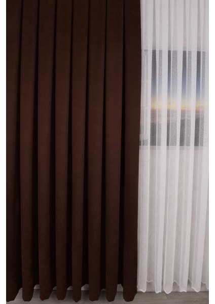 Kahverengi Düz Ada Fon Perde V-28 Tek Kanat 1x3 Sık Pile