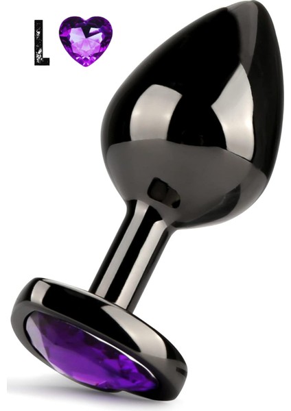 Feel Shop Paslanmaz Çelik Mor Kalpli Mücevher Taşlı Pürüzsüz Siyah Metal  Butt Plug - Büyük Boy