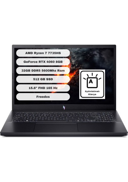 Nitro V15 ANV15-41 Amd Ryzen 7 7735HS 32GB 512GB SSD RTX4060 Freedos 15.6" Taşınabilir Gaming Bilgisayar NH.QSFEY.00132