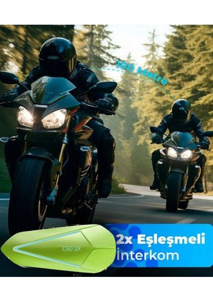 2 Intercom Bağlantılı Su Geçirmez Motosiklet Kask Bluetooth 5.3 300M Intercom 1.000MAH C602X