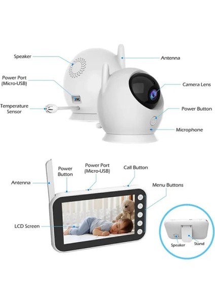 LCD Ekranlı Gece Görüşlü Bebek Monitörü - Bebek Izleme Kamerası Oda Sıcaklığı Kontrollü Kablosuz