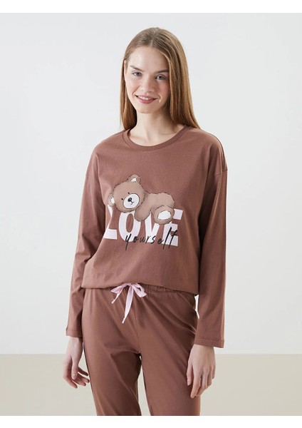 Young Kahverengi Bisiklet Yaka Baskılı Kadın Pijama Takımı fırsatları