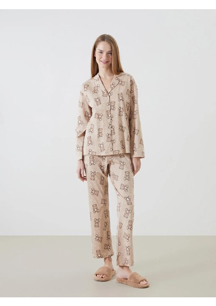Young bej Gömlek Yaka Desenli Kadın Pijama Takımı