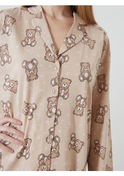 Young bej Gömlek Yaka Desenli Kadın Pijama Takımı fırsatları