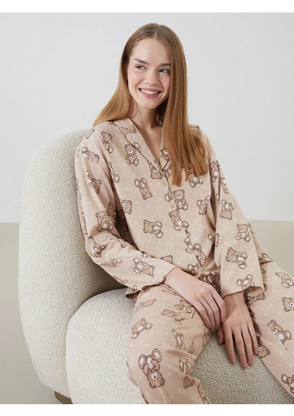 Young bej Gömlek Yaka Desenli Kadın Pijama Takımı indirimleri