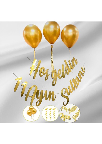 Hoşgeldin 11 Ayın Sultanı Kaligrafi Yazı 3 Gold Metalik Balon Gold Balon Ipi Ramazan Oda Süsleme