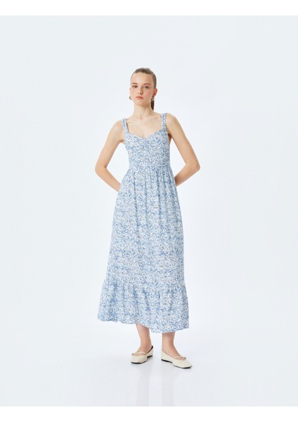 Kolsuz Gipeli U Yaka Katlı Viskon Çiçekli Uzun Elbise