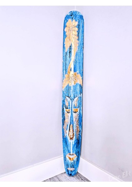 Duvar Objesi Mindi Ağacı El Oyması Aborjin Yerliler Antik Tip Mega Boy Mask Totem Mavi 100 cm