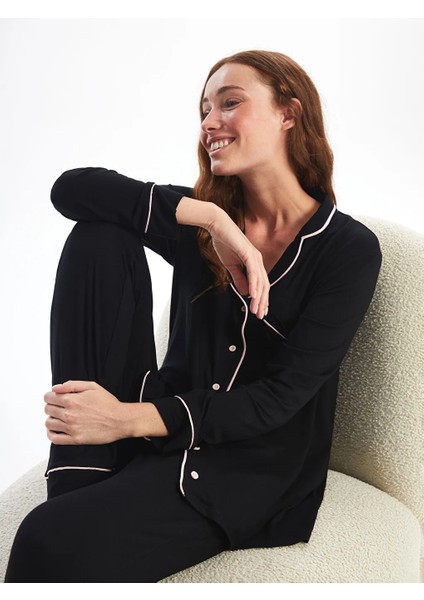 Gömlek Yaka Düz Uzun Kollu Kadın Pijama Takımı