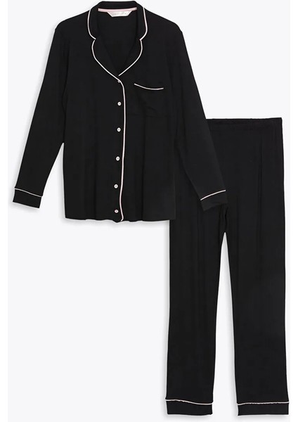 Gömlek Yaka Düz Uzun Kollu Kadın Pijama Takımı